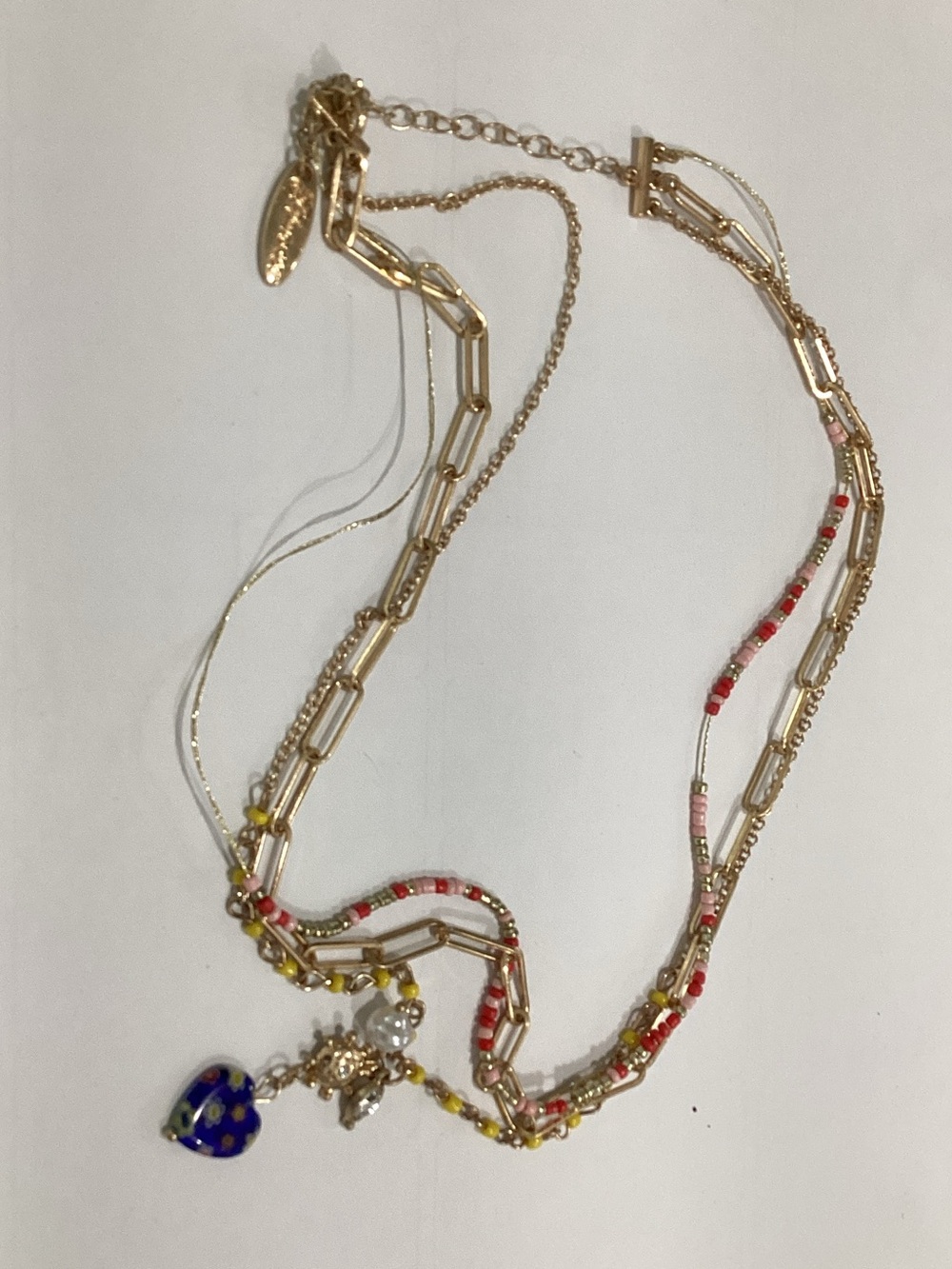 Plunder‎ Gold-Tone Multi-Strand Necklace with Blue Heart and Colorful Beads